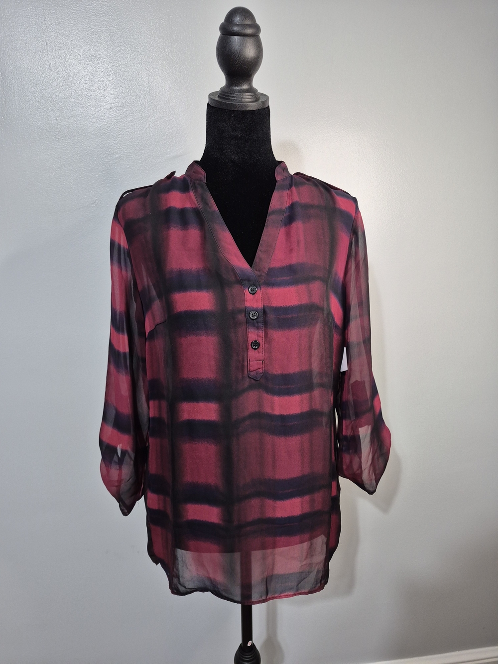 AGB Sheer Plaid Blouse Women’s Small Red Black Roll Tab Sleeve Top